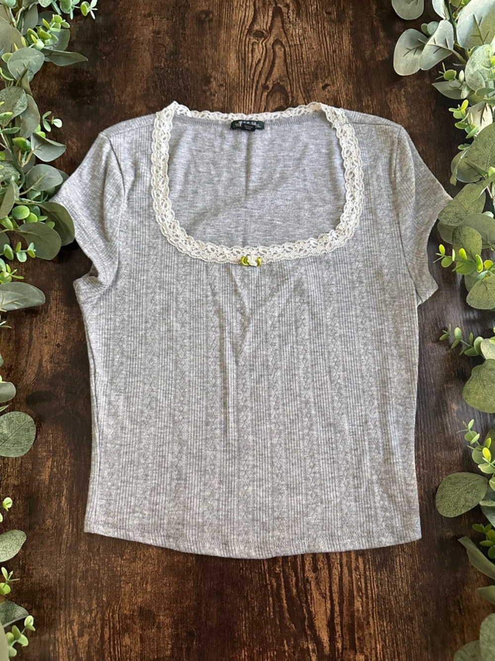 wild fable Gray Ribbed Scoop Neck Top with Lace Trim